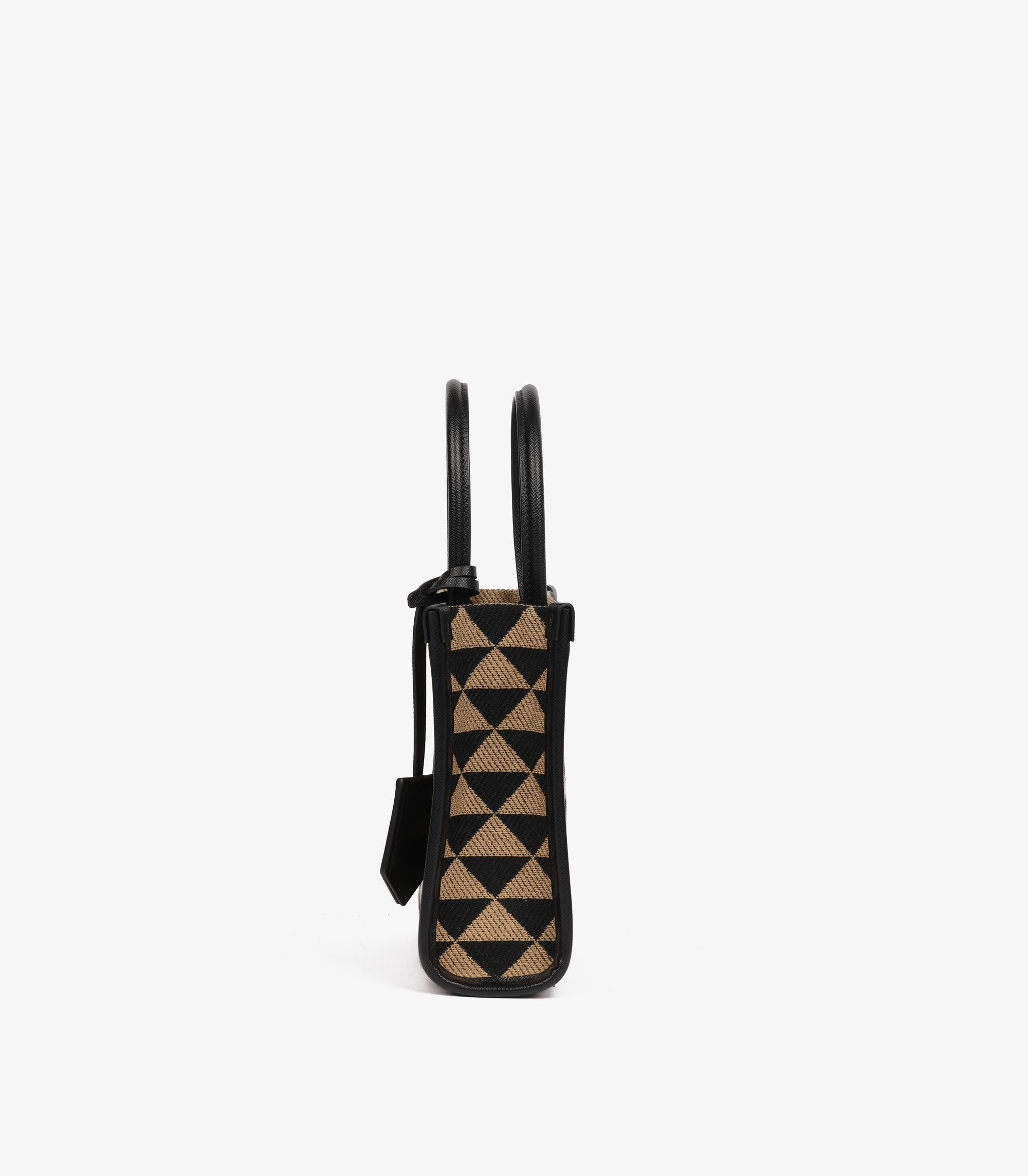 Prada Black, Beige Embroidered Canvas & Black Saffiano Leather Mini Symbole For Sale 1