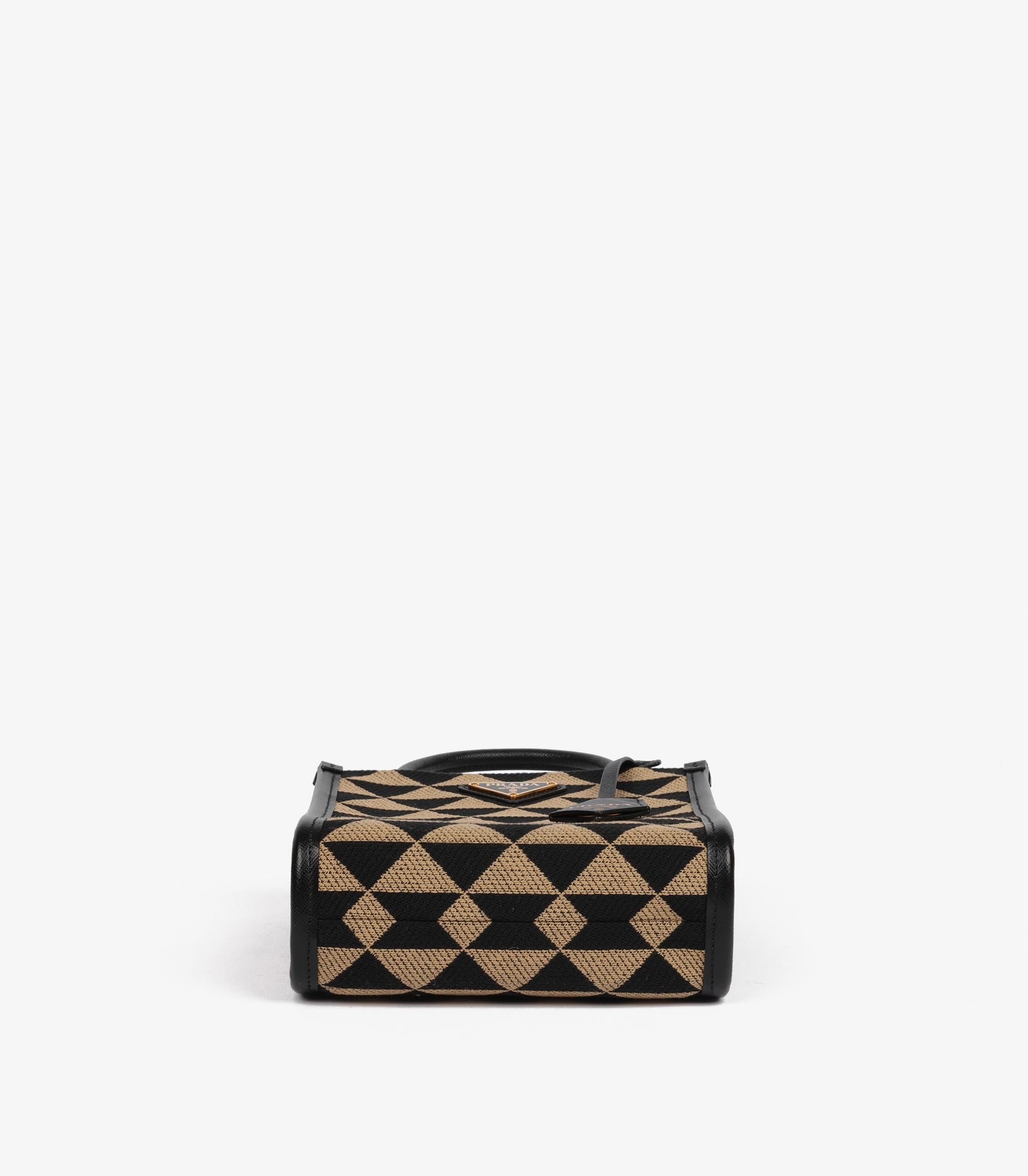 Prada Black, Beige Embroidered Canvas & Black Saffiano Leather Mini Symbole For Sale 2