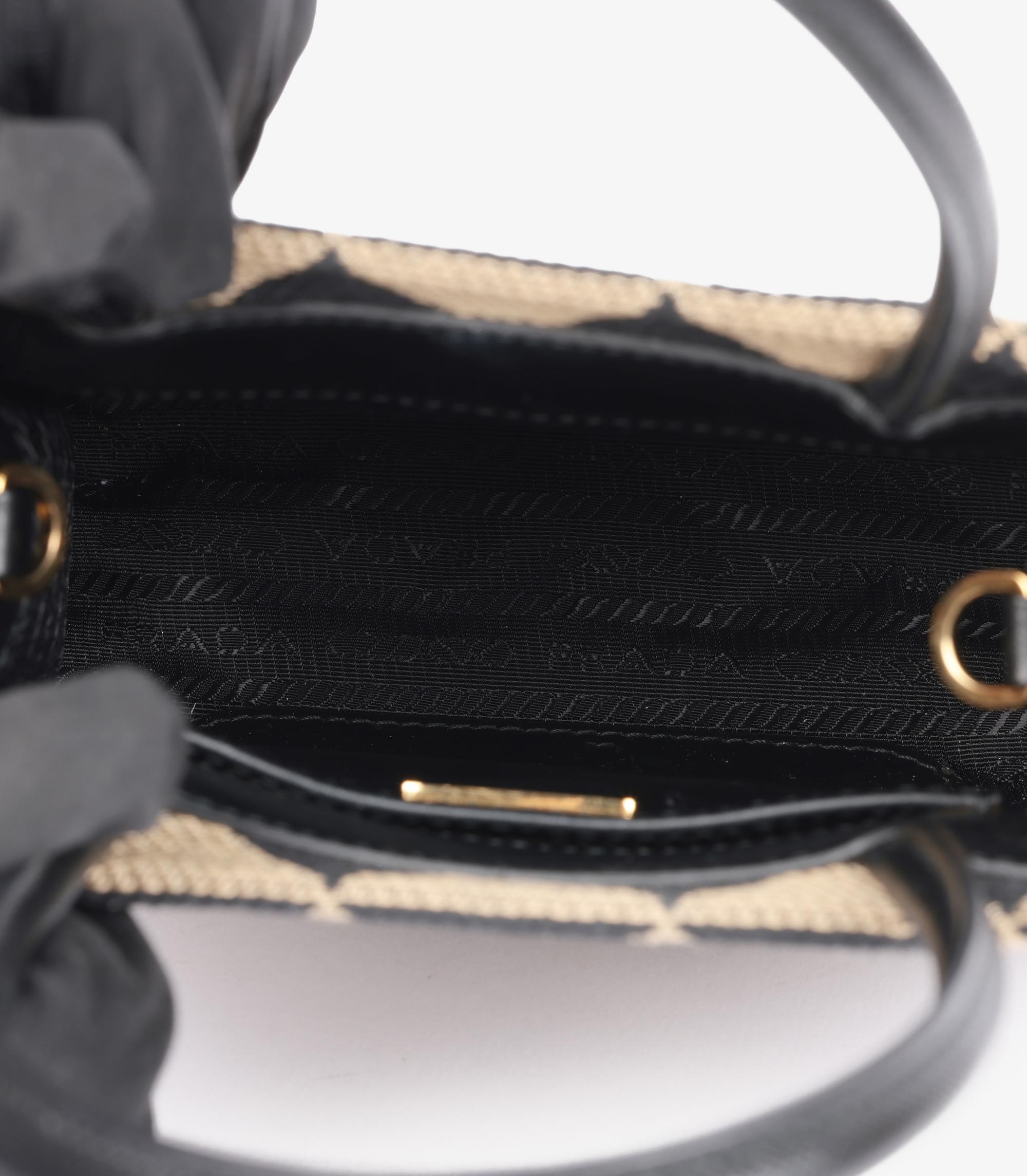 Prada Black, Beige Embroidered Canvas & Black Saffiano Leather Mini Symbole For Sale 3
