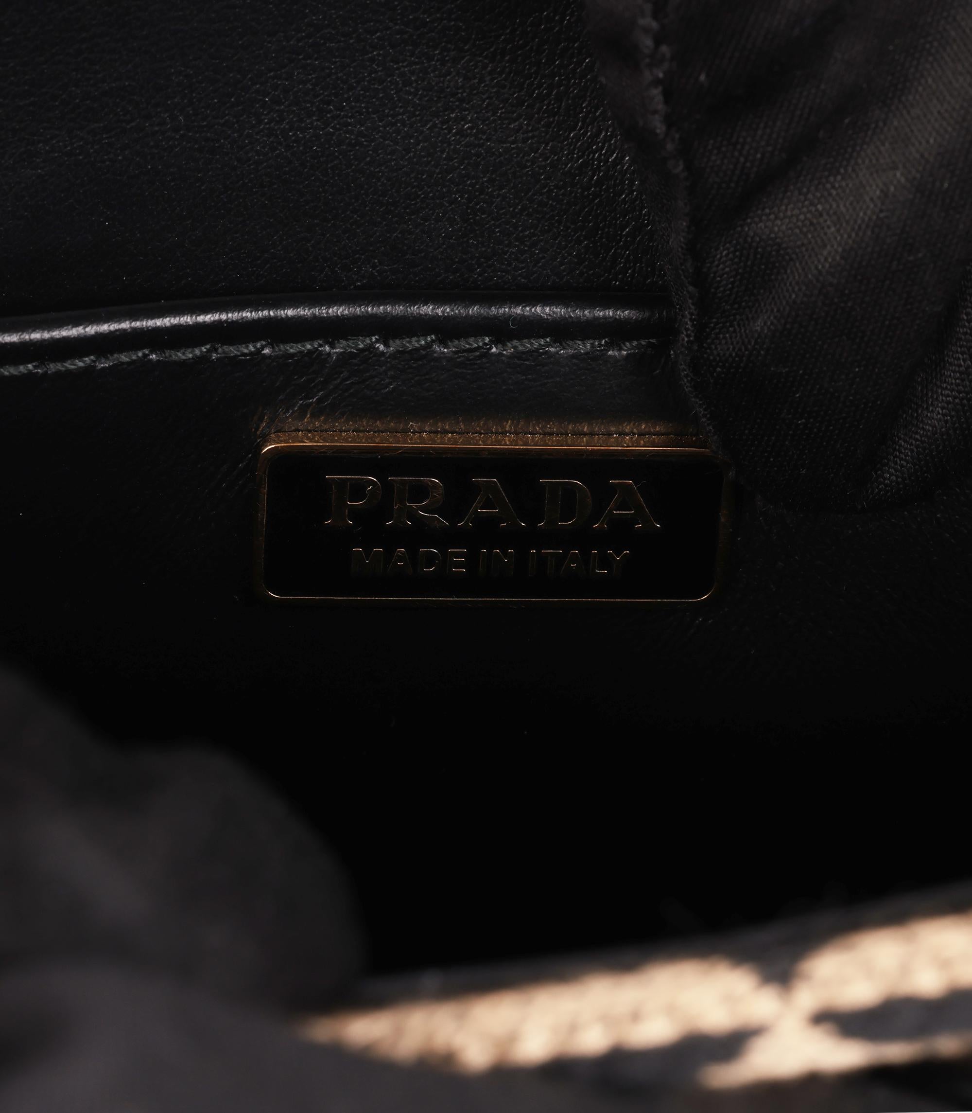 Prada Black, Beige Embroidered Canvas & Black Saffiano Leather Mini Symbole For Sale 4