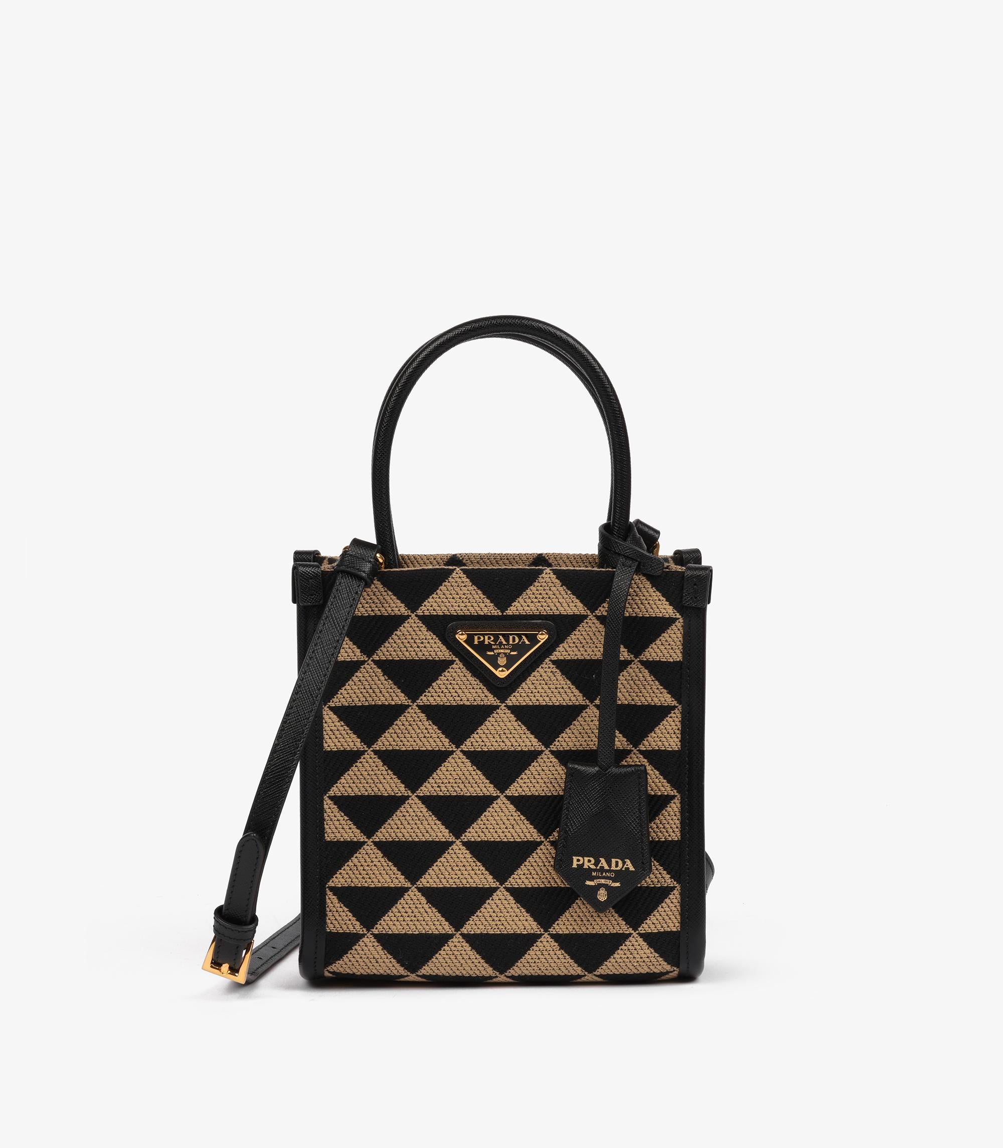 Prada Black, Beige Embroidered Canvas & Black Saffiano Leather Mini Symbole For Sale