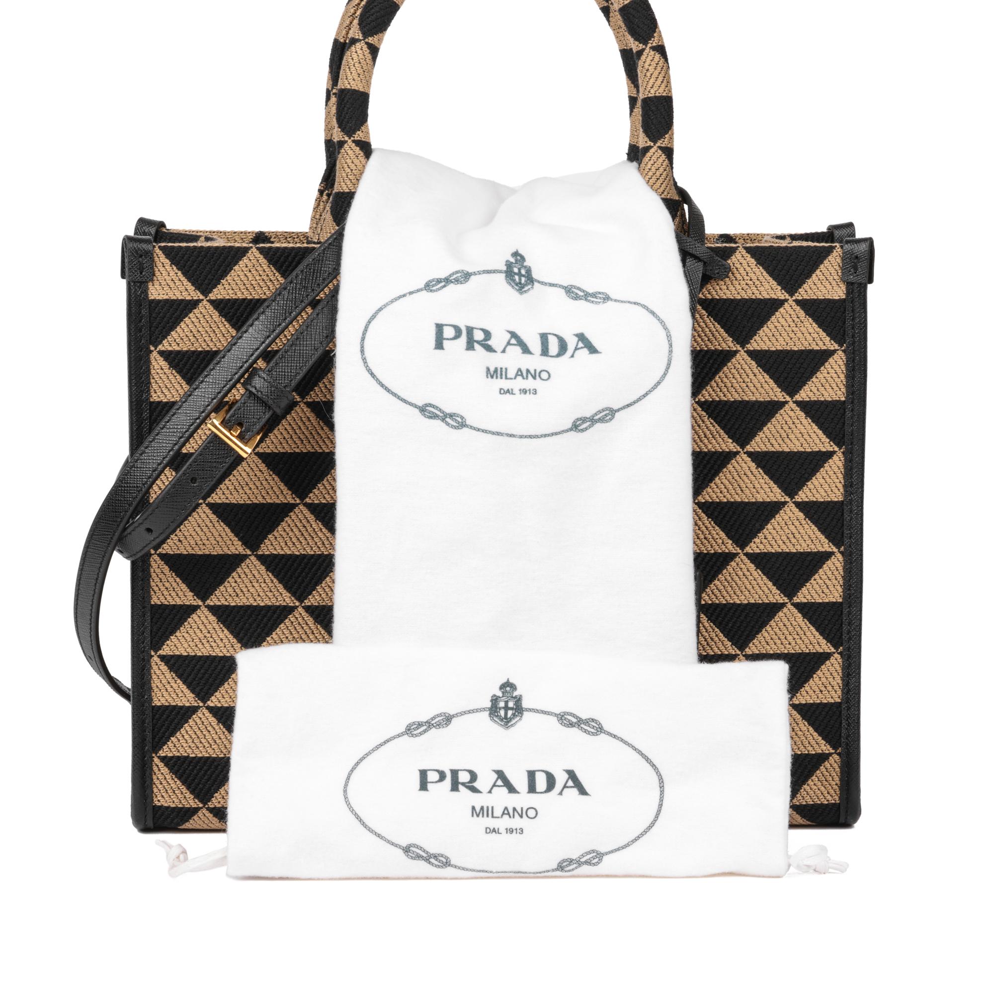 PRADA Black & Beige Embroidered Fabric Small Symbole For Sale 8