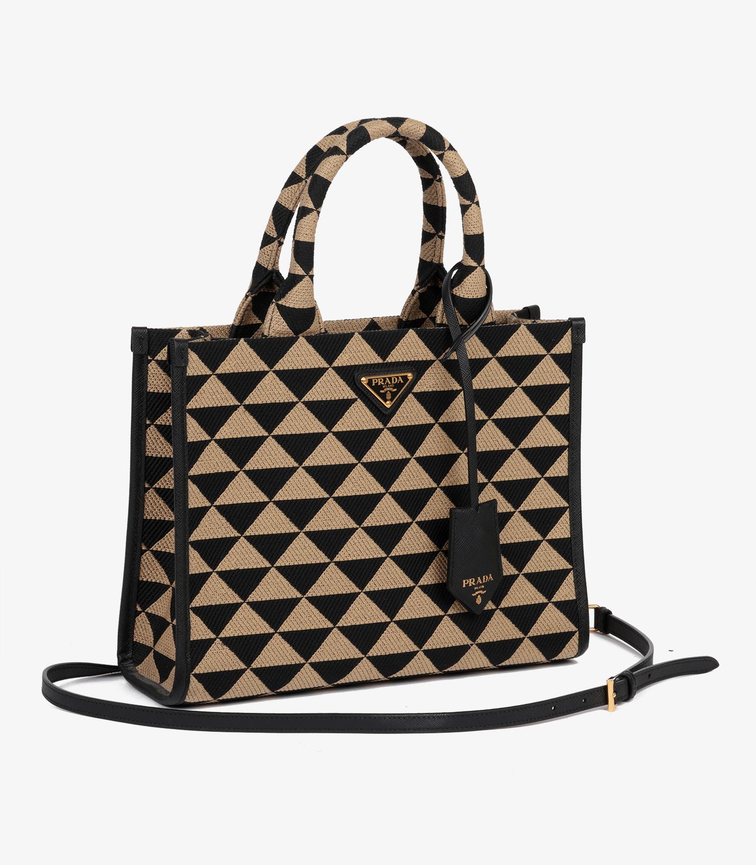 Prada Black & Beige Embroidered Fabric Small Symbole In Excellent Condition In Bishop's Stortford, Hertfordshire