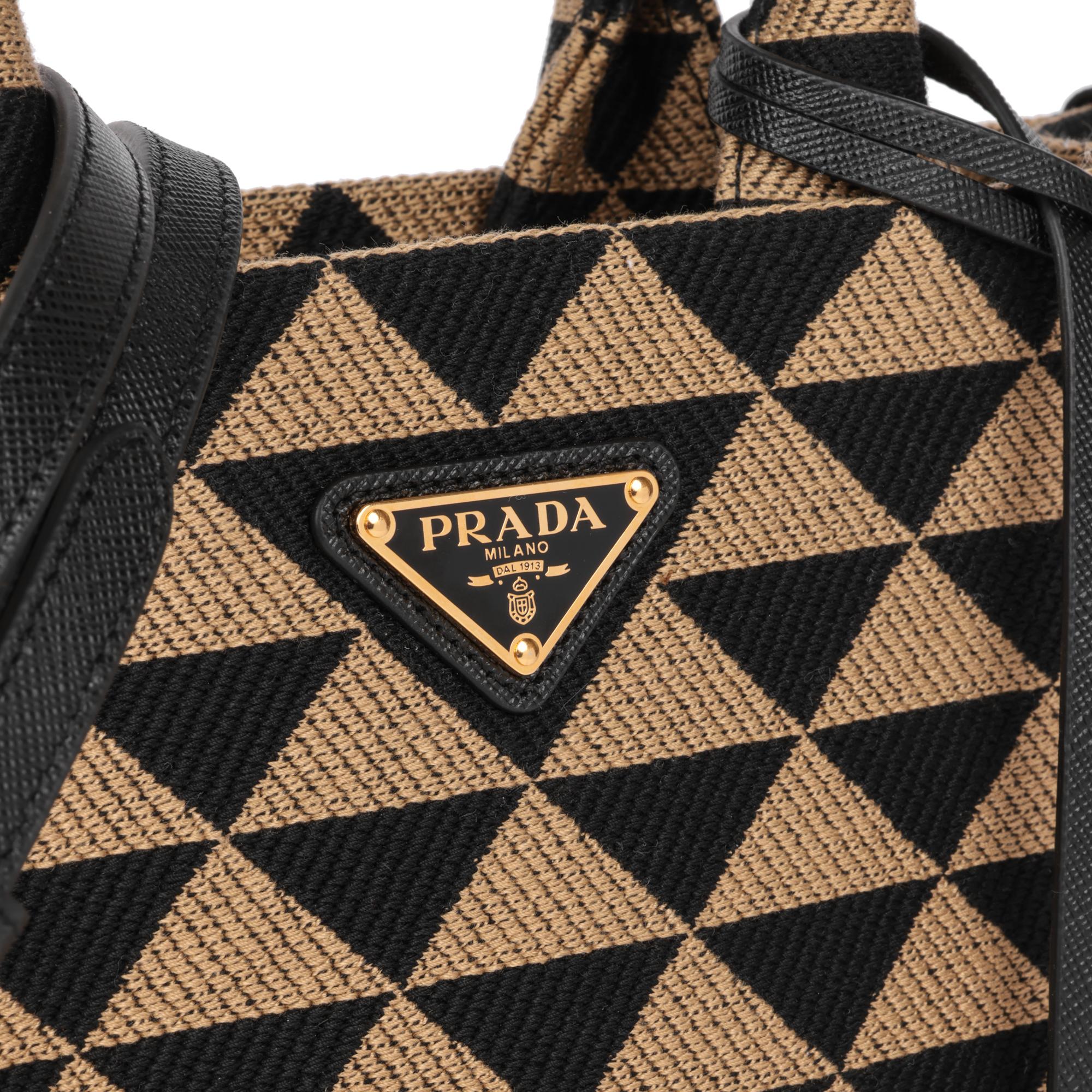 PRADA Black & Beige Embroidered Fabric Small Symbole For Sale 3
