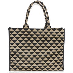 Prada Black Beige Jacquard Saffiano Triangolo Symbole Embroidered Large Tote