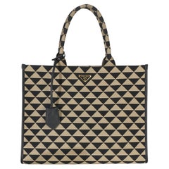 Prada Black Beige Jacquard Saffiano Triangolo Symbole Embroidered Large Tote