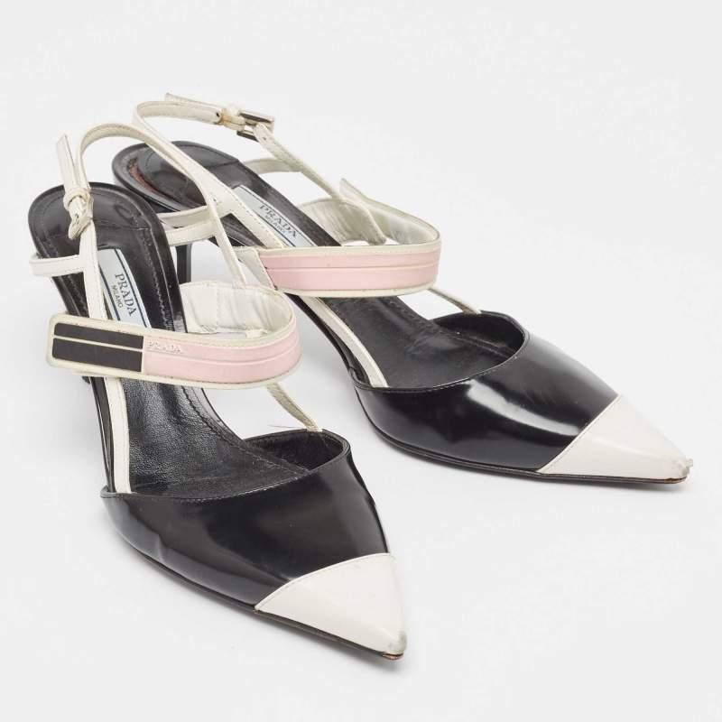 Gray Prada Black/Black Leather Slingback Pumps Size 37.5