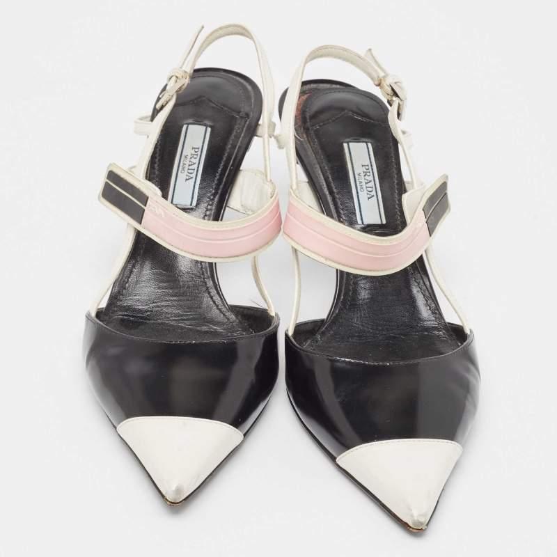 Prada Black/Black Leather Slingback Pumps Size 37.5 In Fair Condition In Dubai, Al Qouz 2
