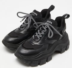 Prada Schwarz Block klobige Keile Turnschuhe Sohle Leder Nylon / Lace Up 39