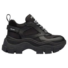 Prada Schwarz Block klobige Keile Turnschuhe Sohle Leder Nylon / Lace Up 39