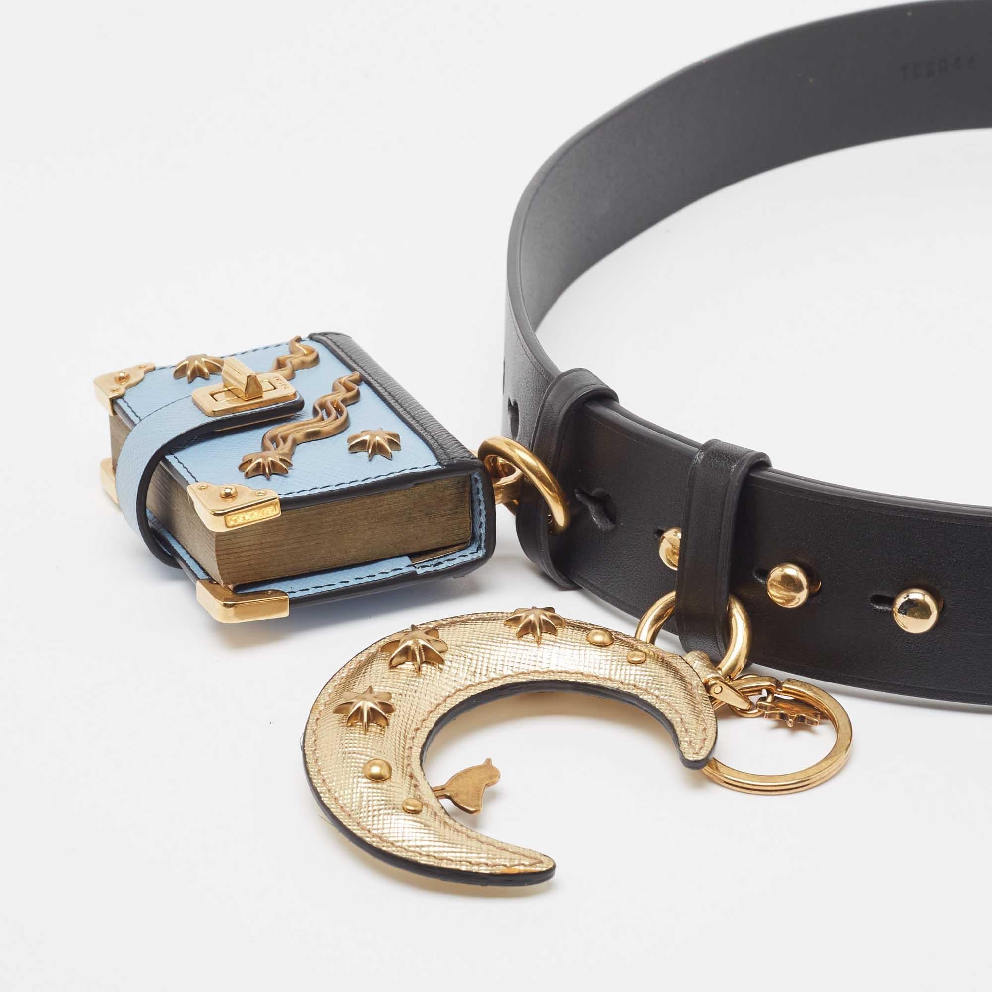 Gray Prada Black/Blue Embellished Waist Belt 85CM For Sale