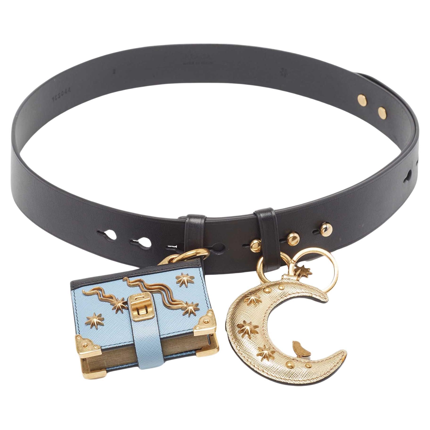 Prada Black/Blue Embellish Waist Belt 85CM (ceinture avec ornements) en vente