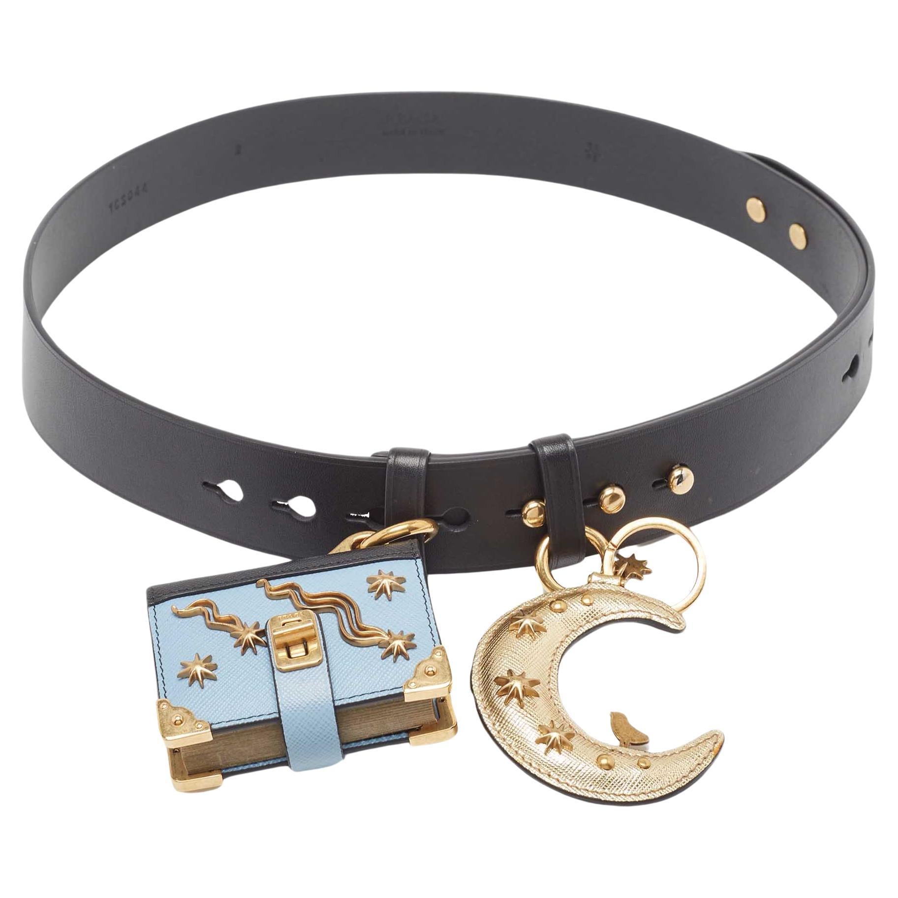 Prada Black/Blue Embellished Waist Belt 85CM For Sale
