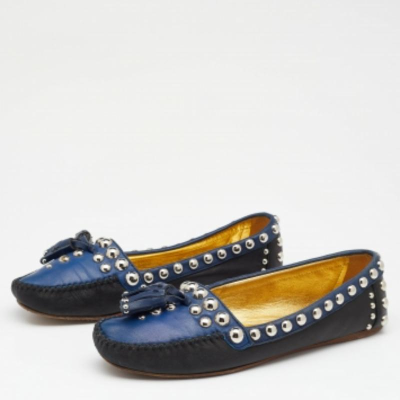Nero Prada - Mocassini con borchie in pelle nera/blu - misura 36 in vendita