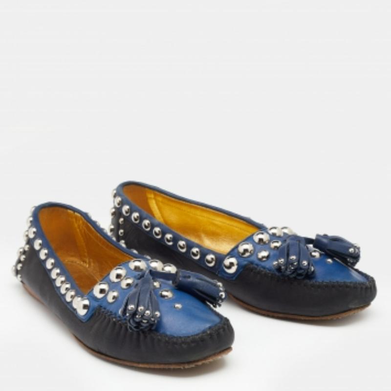 Donna Prada - Mocassini con borchie in pelle nera/blu - misura 36 in vendita