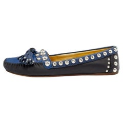 Used Prada Black/Blue Leather Studded Slip On Loafers Size 36