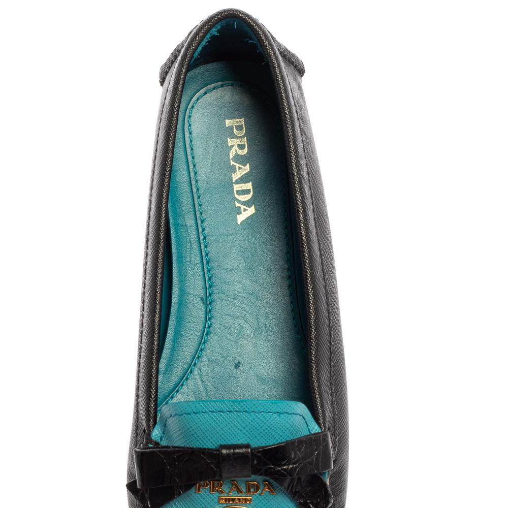 Women's Prada Black/Blue Saffiano Leather Bow Loafers Size 36.5