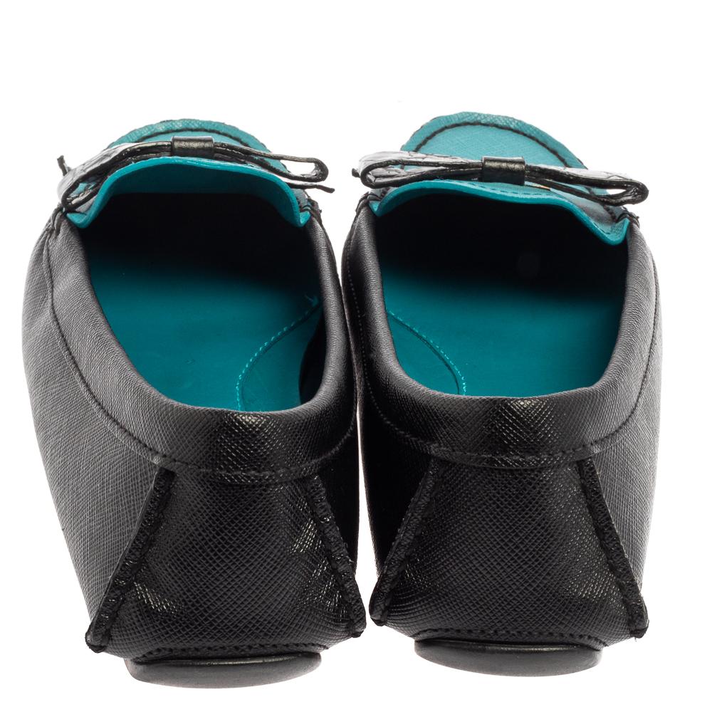 Prada Black/Blue Saffiano Leather Bow Loafers Size 36.5 1