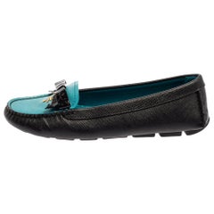 Prada Black/Blue Saffiano Leather Bow Loafers Size 36.5