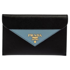 Prada Black/Blue Saffiano Leather Letter Wallet