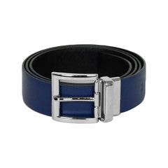 Prada Black/Blue Saffiano Leather Silvertone Reversible Leather Belt sz 95/38"