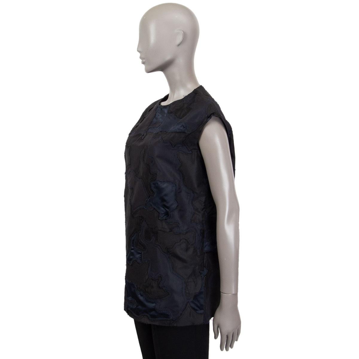 Black PRADA black & blue silk PATCHWORK Cap Sleeve Blouse Shirt 42 M For Sale