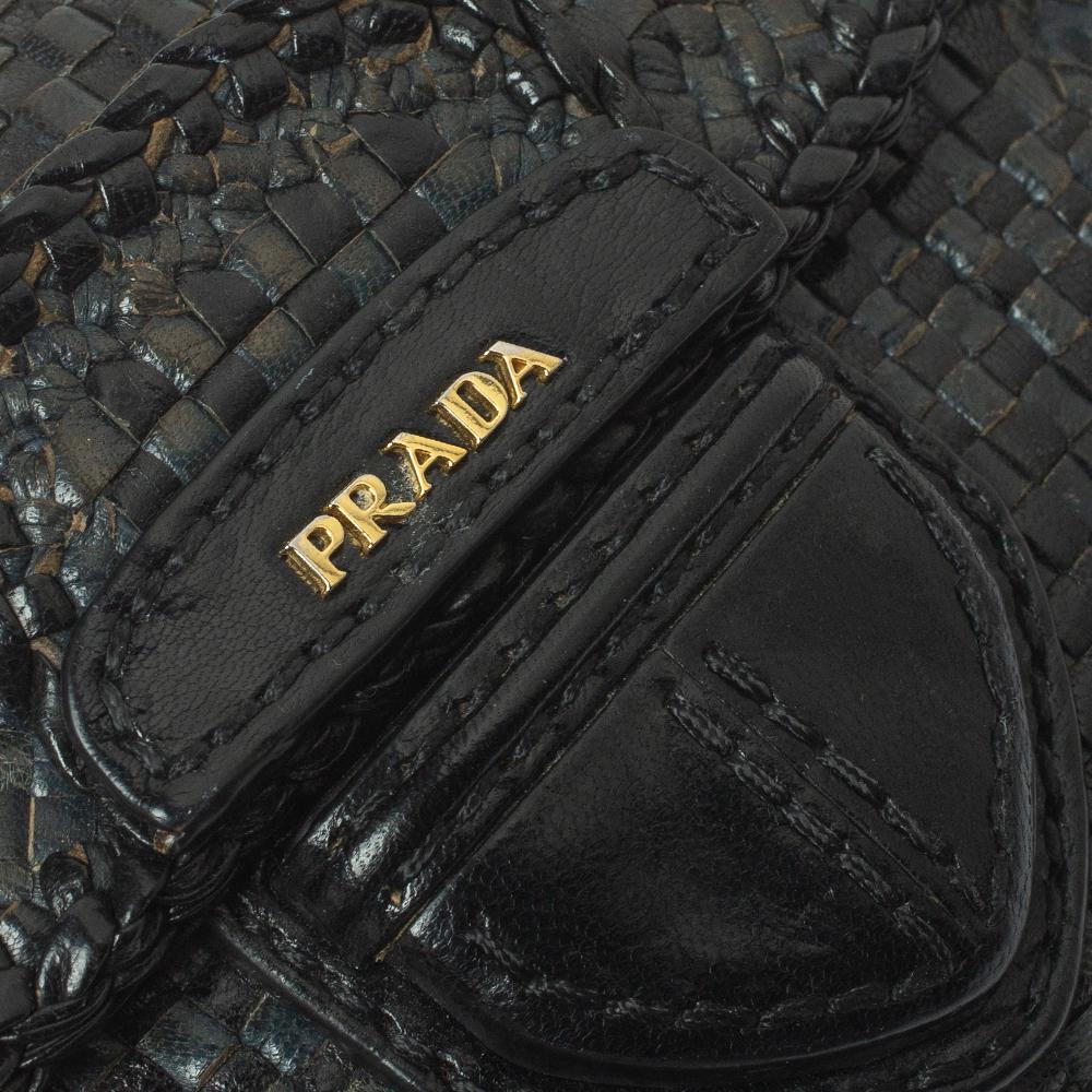 Prada Black/Blue Woven Madras Leather Crossbody Bag In Fair Condition In Dubai, Al Qouz 2