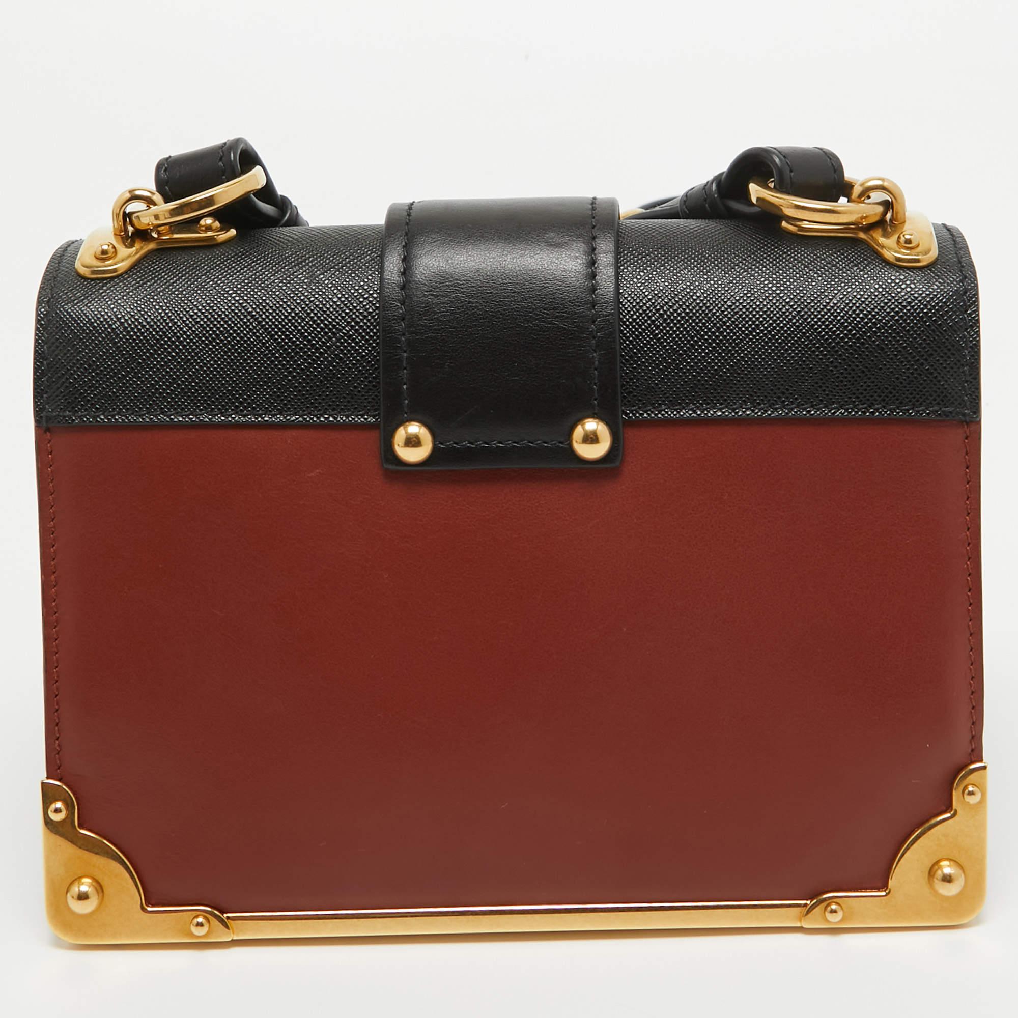 Prada Black/Brick Brown Leather Cahier Shoulder Bag For Sale 6