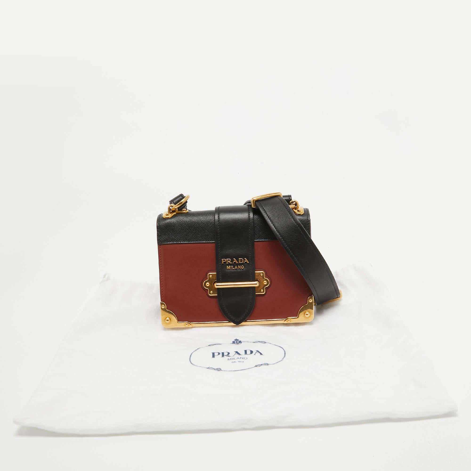 Prada Black/Brick Brown Leather Cahier Shoulder Bag For Sale 10