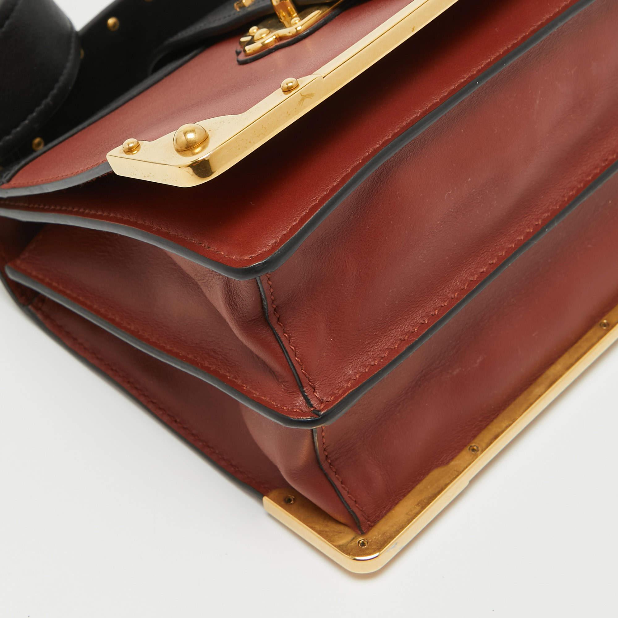 Prada Black/Brick Brown Leather Cahier Shoulder Bag For Sale 4