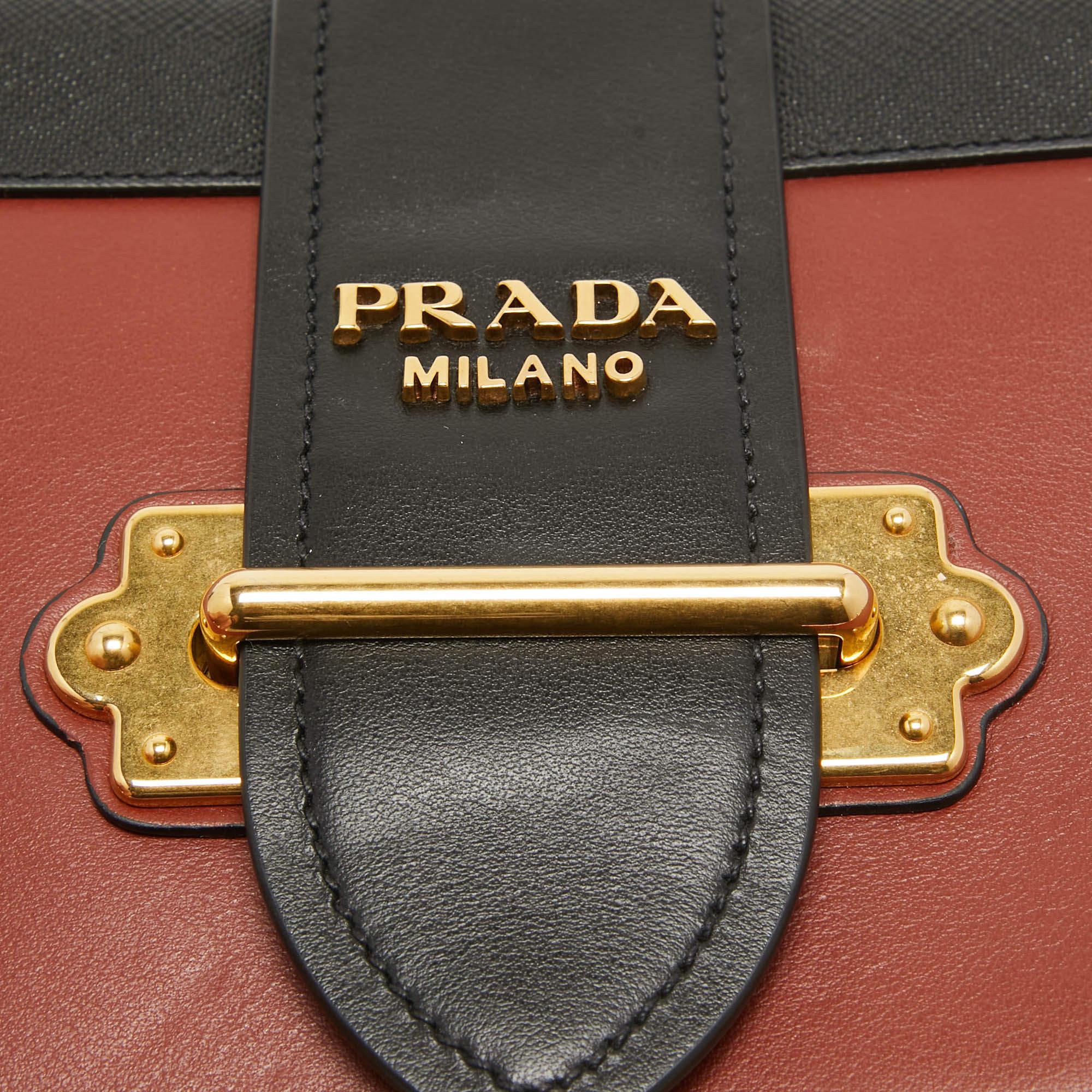 Prada Black/Brick Brown Leather Cahier Shoulder Bag For Sale 5