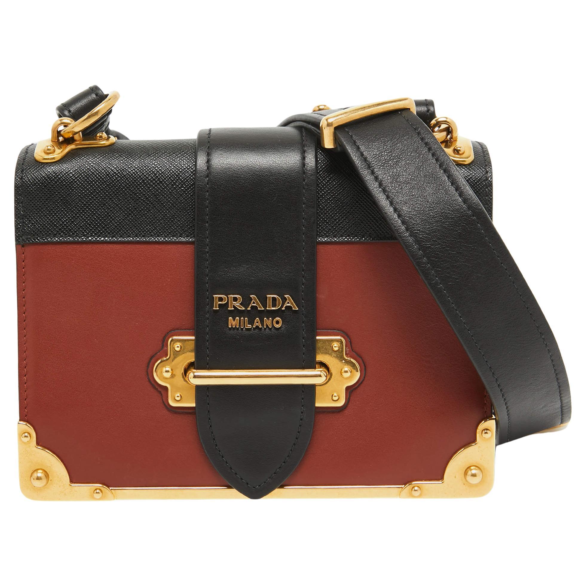 Prada Black/Brick Brown Leather Cahier Shoulder Bag For Sale