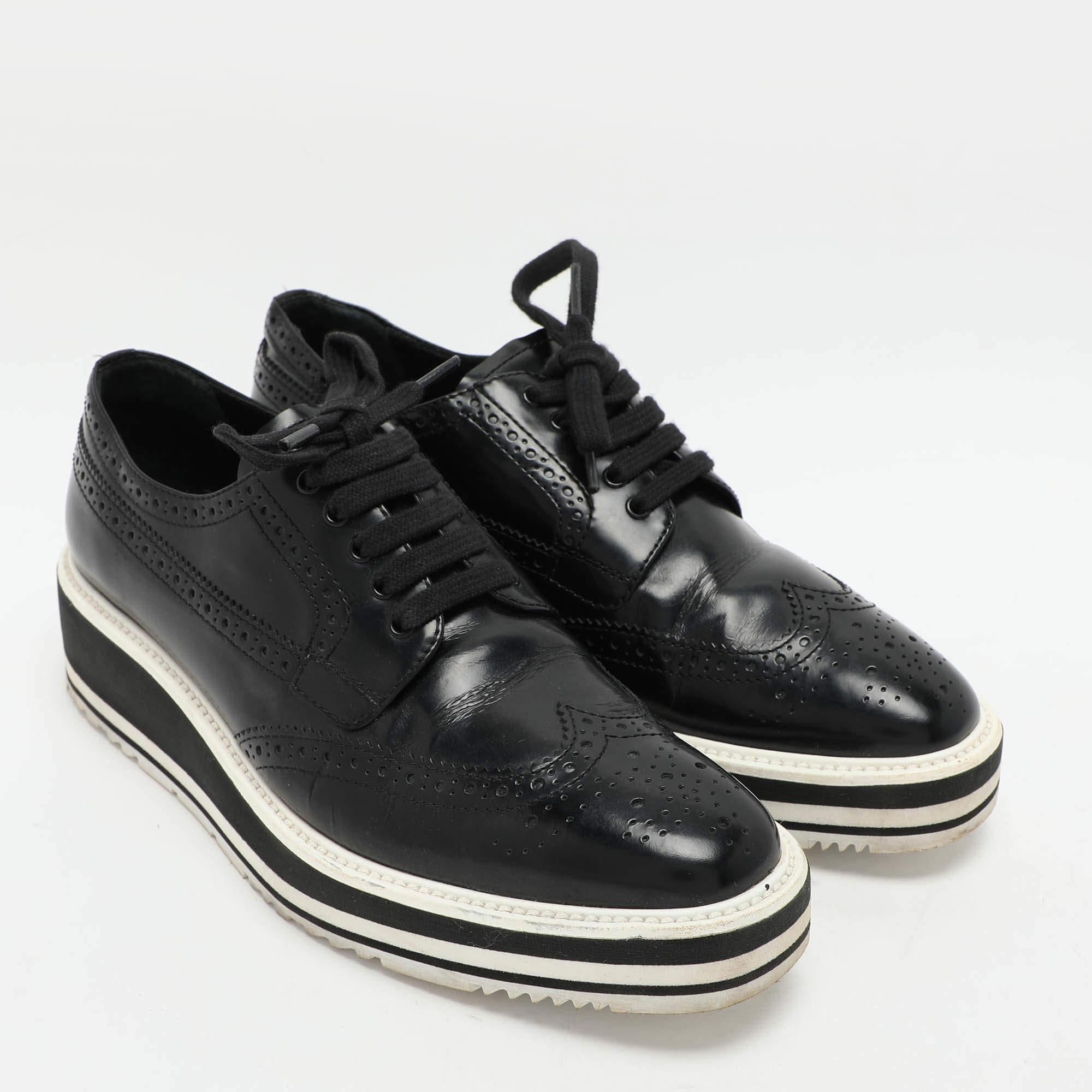 Women's Prada Black Brogue Leather Derby Low Top Sneakers Size 39 For Sale