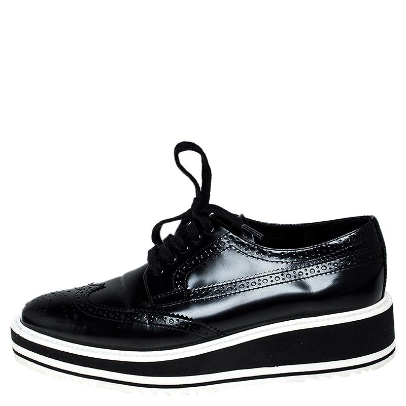 Prada Black Brogue Leather Wingtip Platform Sneakers Size 37.5 1