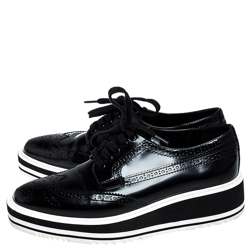 Prada Schwarz Brogue Leder Flügelspitze Plattform Turnschuhe Größe 37.5 3