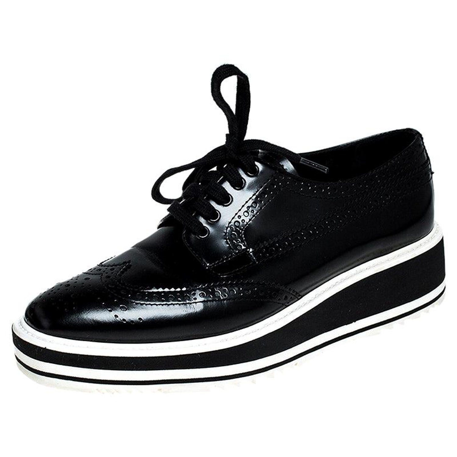 Prada Black Brogue Leather Wingtip Platform Sneakers Size  at 1stDibs