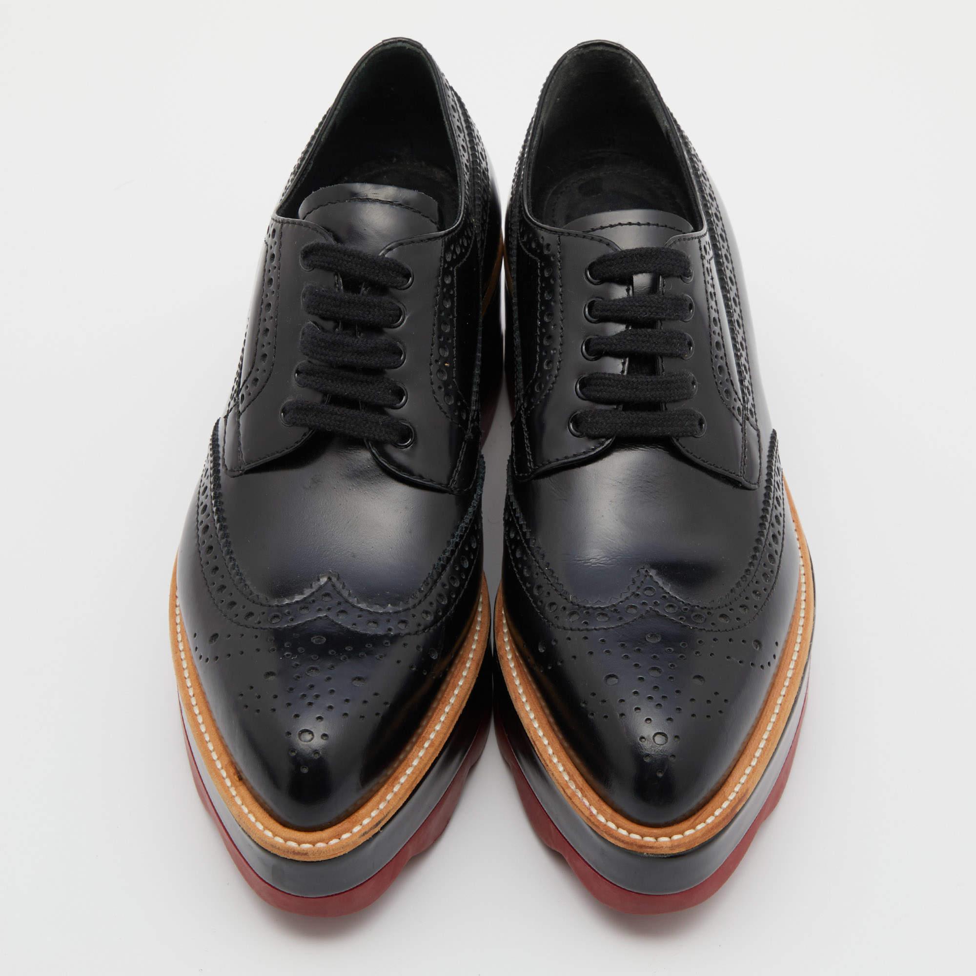 Prada Black Brogue Patent Leather Wave Wingtip Platform Derby Sneakers Size 36.5 1