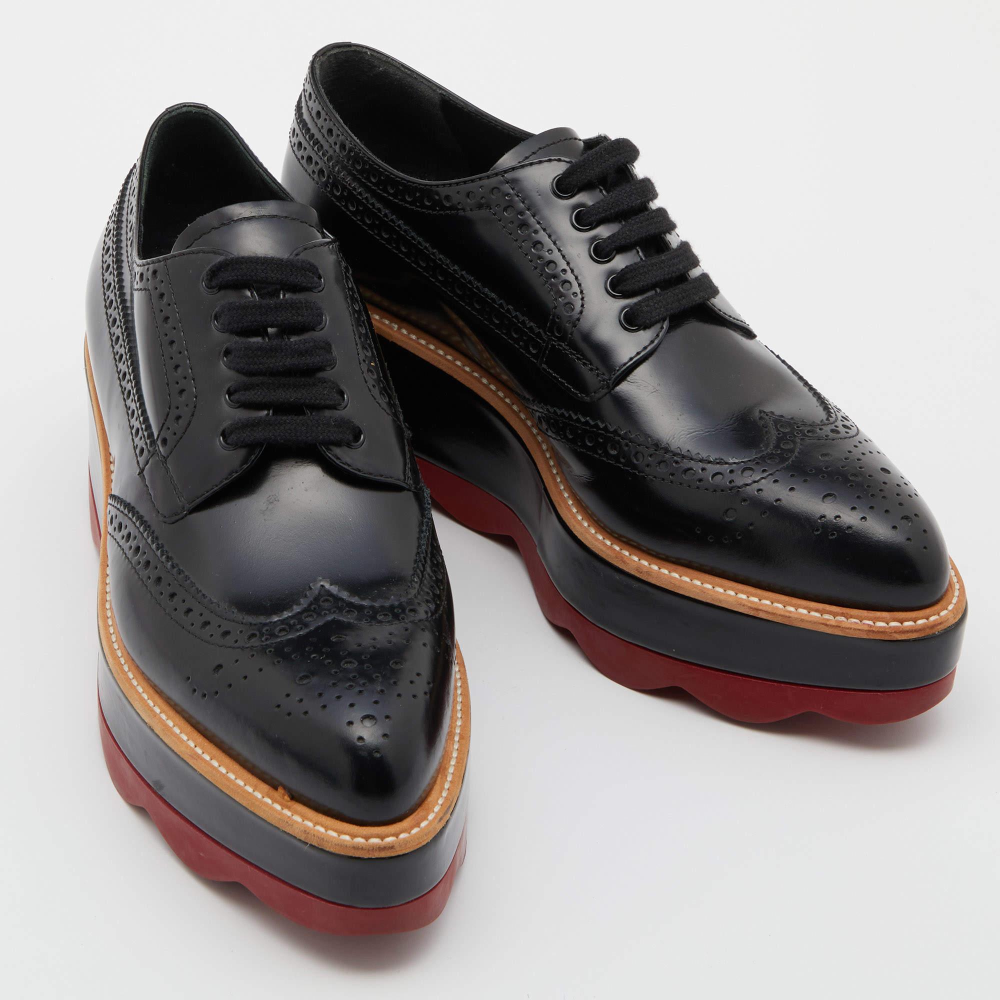 Prada Black Brogue Patent Leather Wave Wingtip Platform Derby Sneakers Size 36.5 2