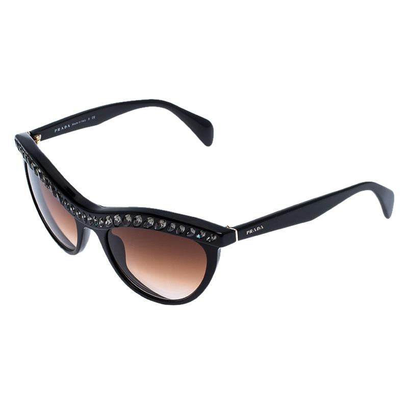 Prada Black/Brown Gradient SPR 04P Crystal Embellished Cateye Sunglasses In Good Condition In Dubai, Al Qouz 2