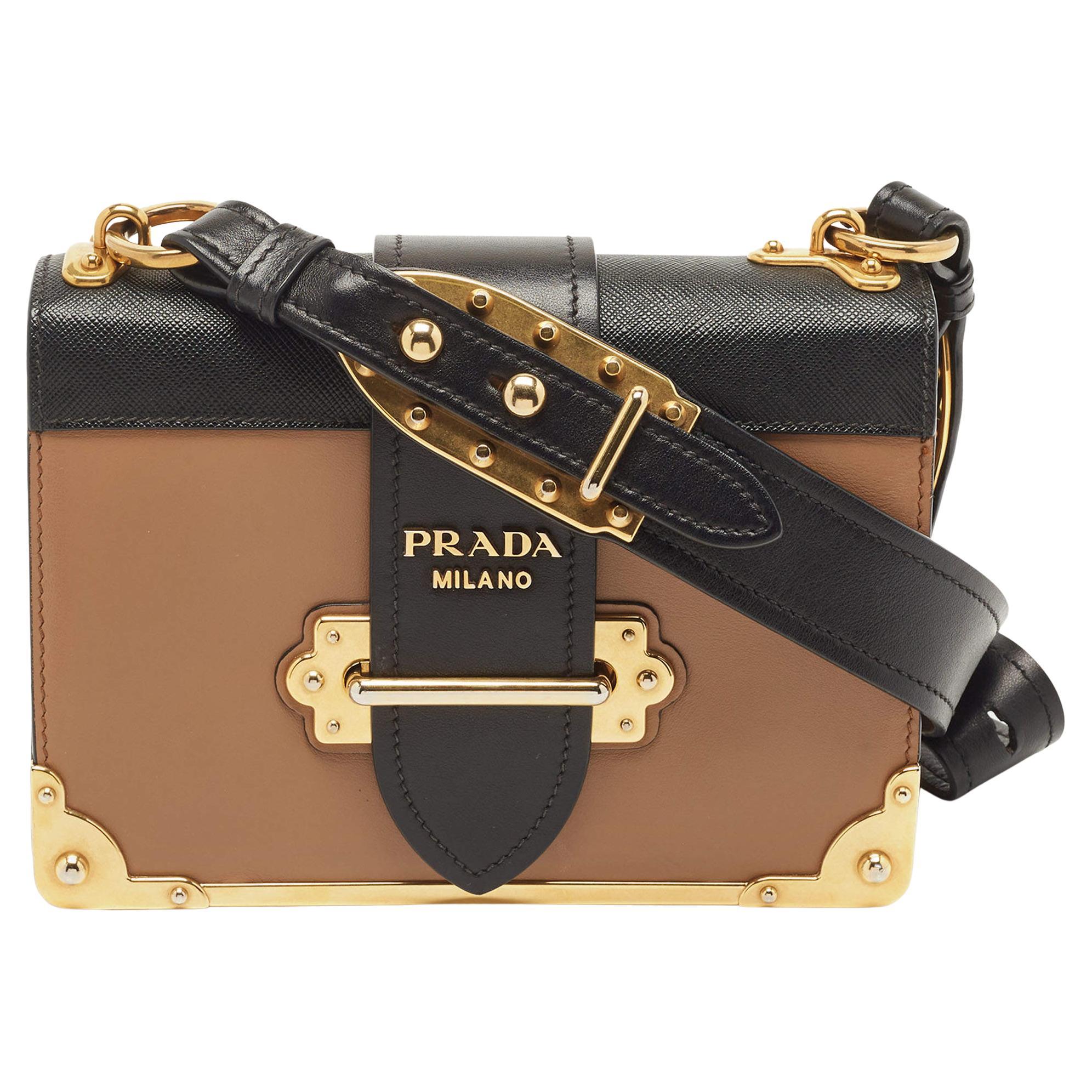 Prada Black/Brown Leather Cahier Shoulder Bag For Sale at 1stDibs