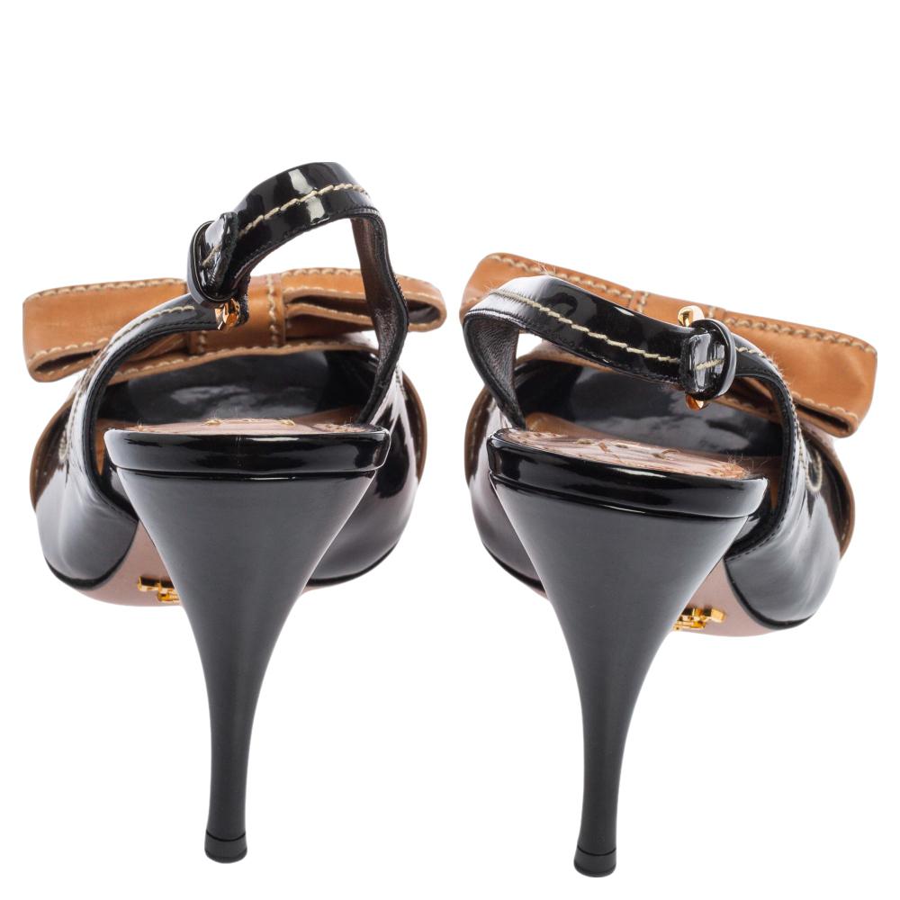 Prada Black/Brown Patent Leather And Leather Bow Slingback Sandals Size 36.5 1