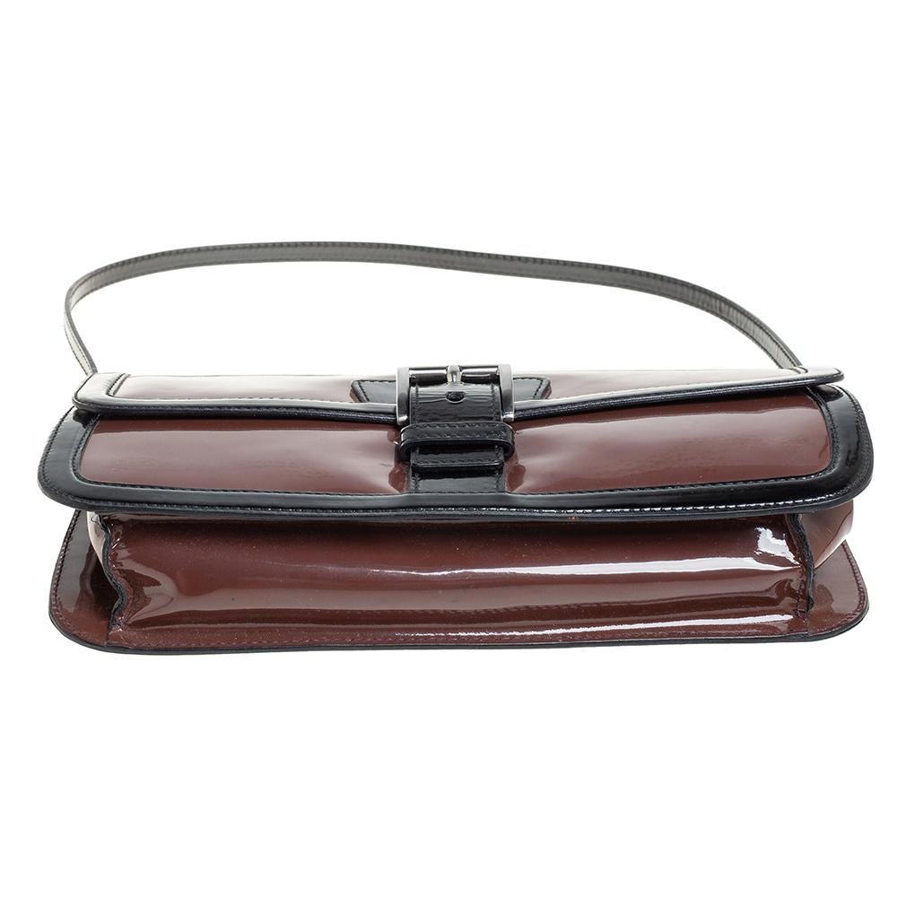 Women's Prada Black/Brown Patent Leather Flap Baguette