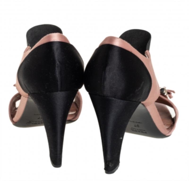 Prada Black/Brown Satin And Fabric Embellished Sandals Size 37 For Sale 3