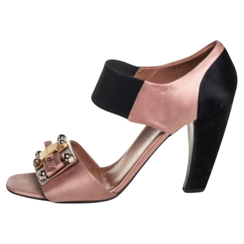 Prada Black/Brown Satin And Fabric Embellished Sandals Size 37 For Sale