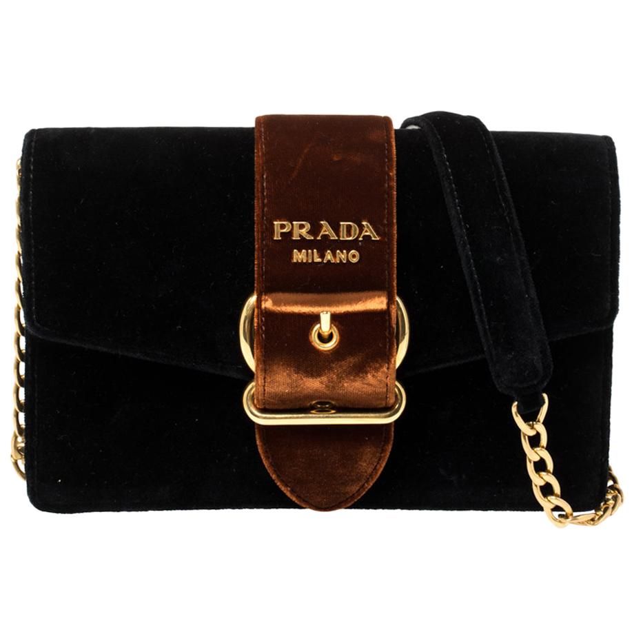 Prada Black/Brown Velvet Buckle Flap Crossbody Bag