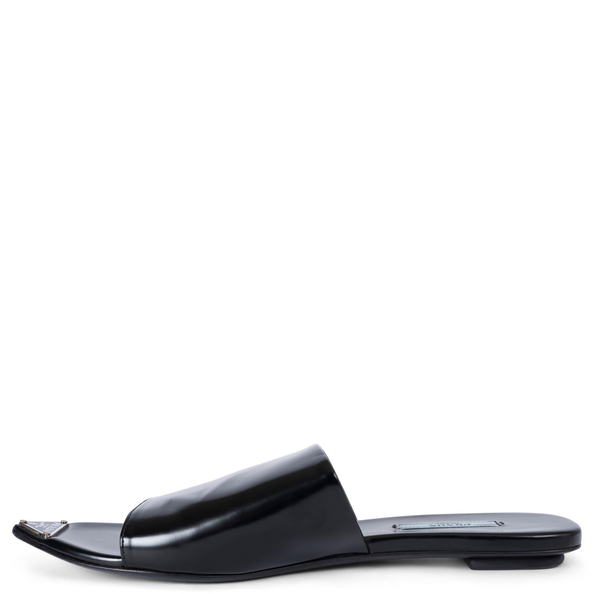 PRADA negro cepillado cuero 2022 LOGO SLIDE Sandalias Zapatos 37 Negro en venta