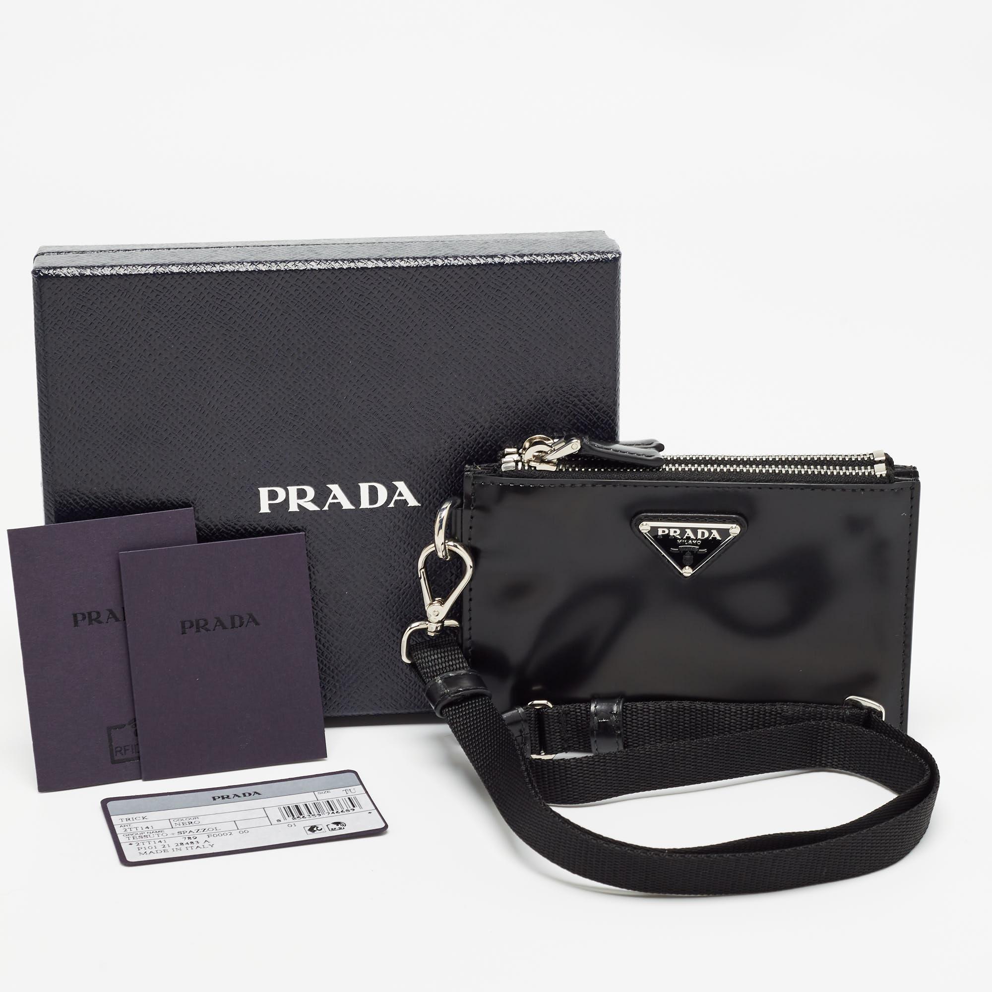 Prada Black Brushed Leather and Nylon Wristlet Pouch For Sale 7