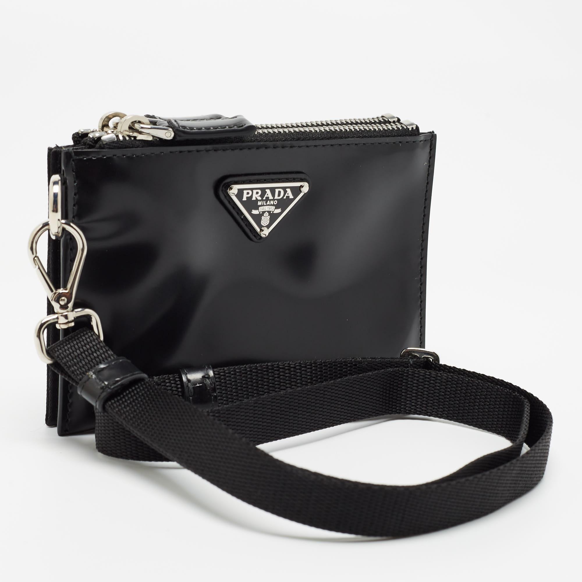 Prada Black Brushed Leather and Nylon Wristlet Pouch In Excellent Condition For Sale In Dubai, Al Qouz 2