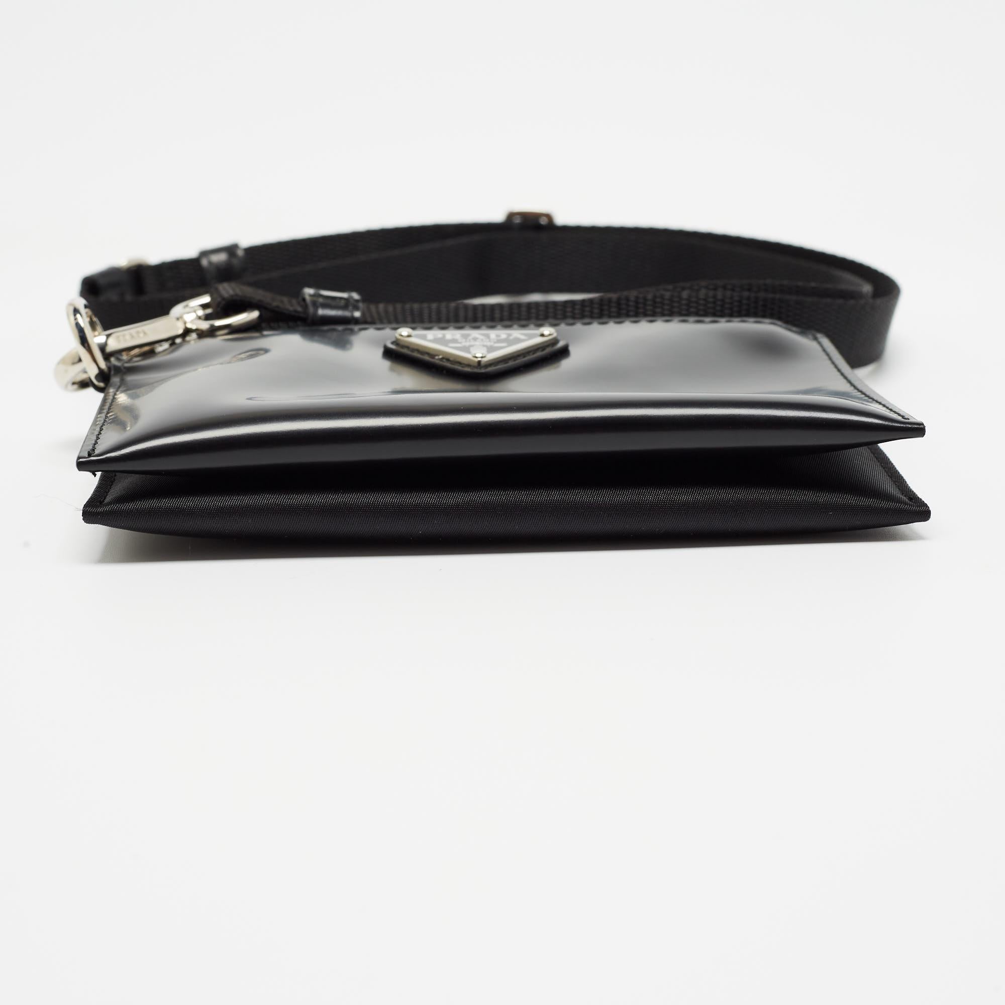 Women's Prada Black Brushed Leather and Nylon Wristlet Pouch