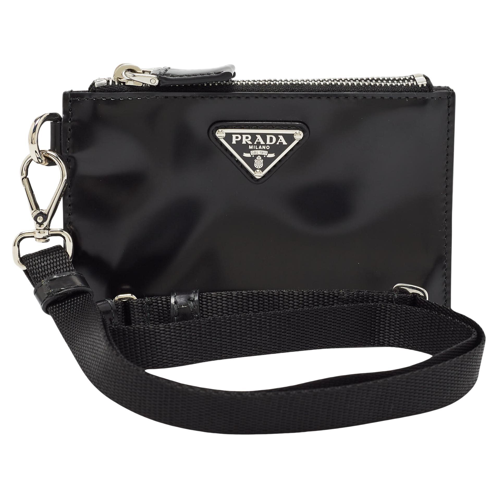 Prada Black Brushed Leather and Nylon Wristlet Pouch For Sale